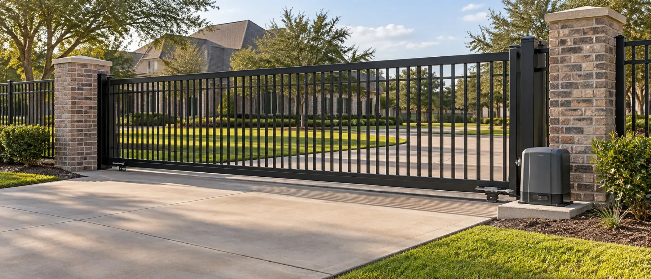 Illustration of a black metal sliding driveway gate with an opener between brick columns