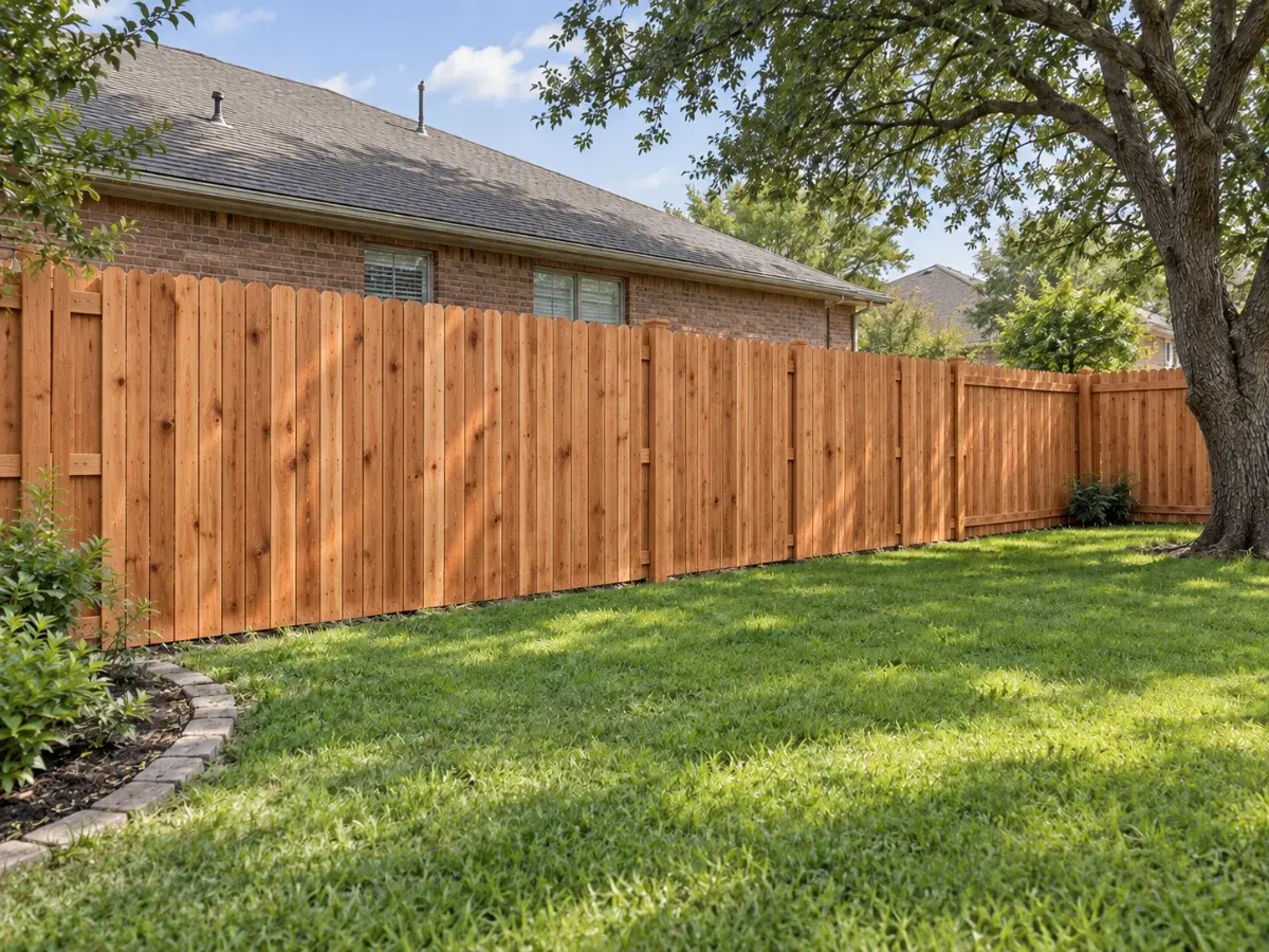Illustration of the same backyard from the same angle with a new wood privacy fence