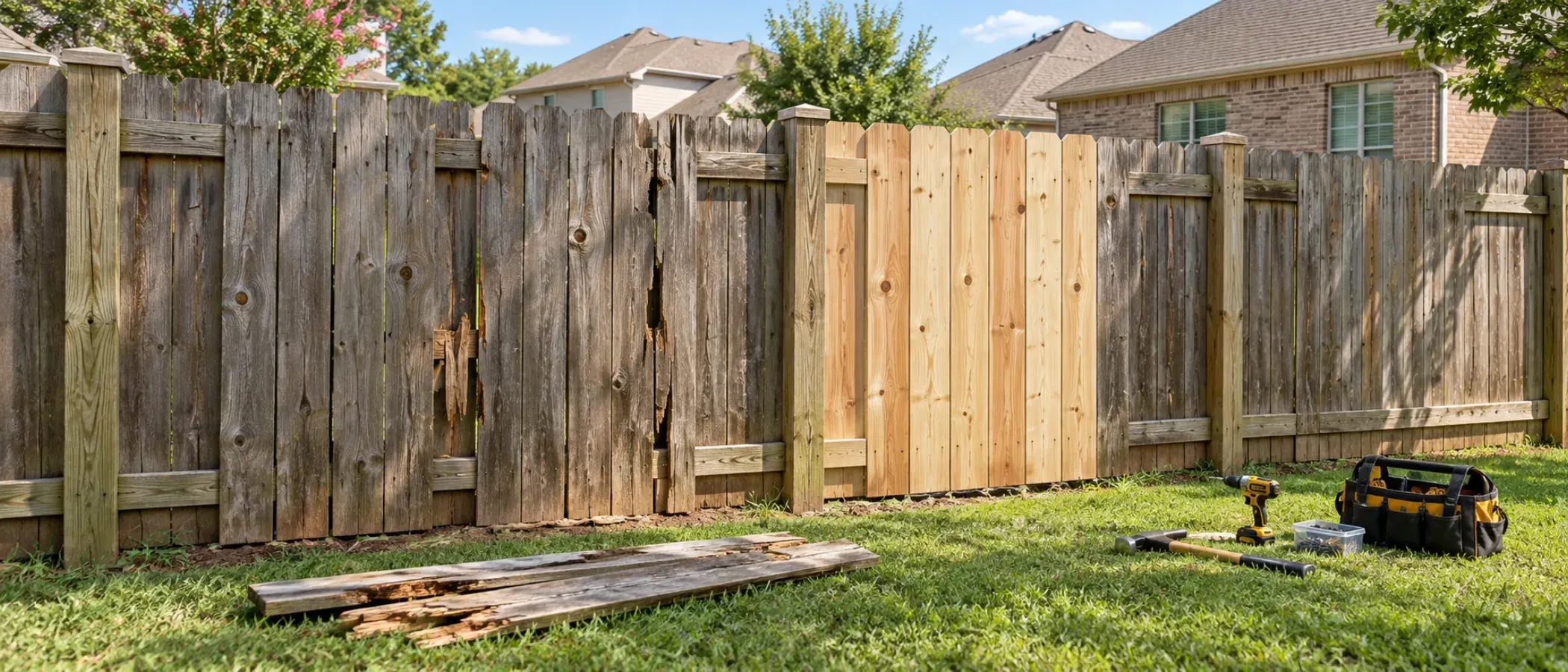 Illustration of a weathered wood fence with new replacement boards and repair tools on the grass